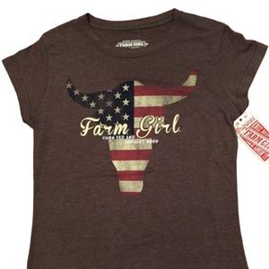 Women’s Farm Girl Brand Bull American Flag Brown Tee Medium
